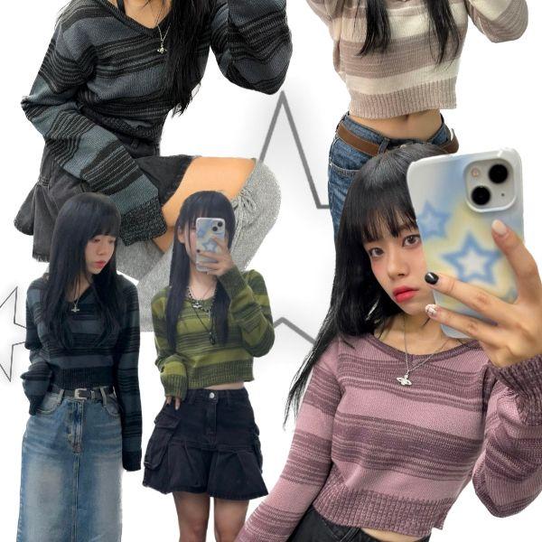 [Y2K] Crop stripe knit t - 크롭 스트라이프 단가라 니트 티 y2k 와투케 뉴진스 당일발송 당일출고 빠른배송