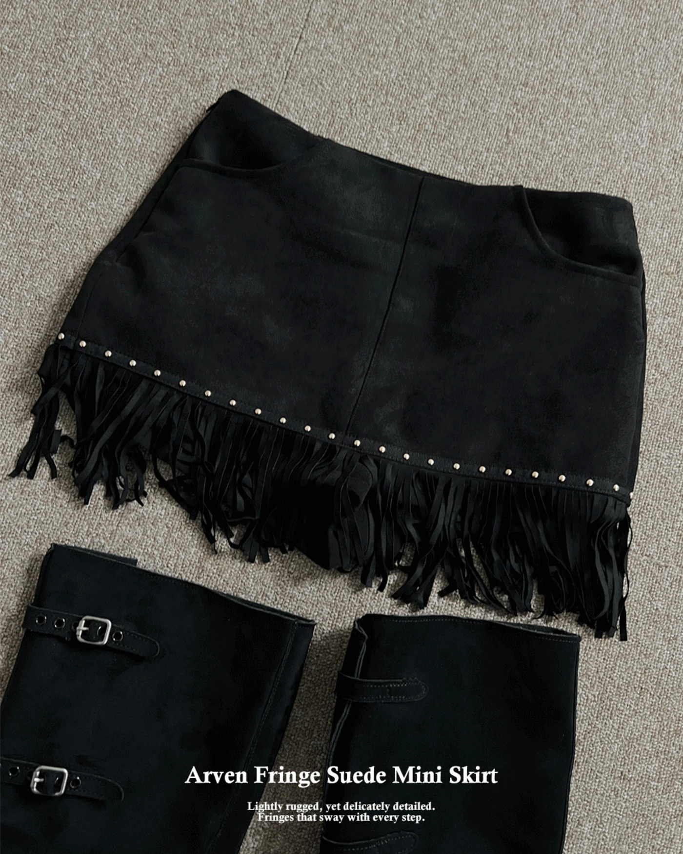 Arven 웨스턴 프린지 스웨이드 메탈 스터드 미니 스커트 (2color)