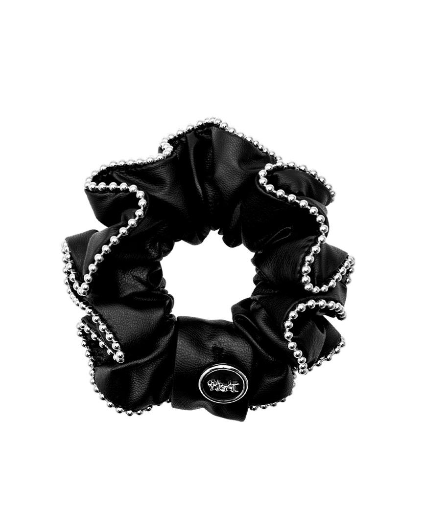 Silver Button Fake Leather Hair Scrunchie : Women's Black (PA0GXF706BK)