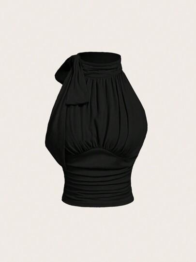 SHEIN MOD 스탠드 칼라 리본 끈 주름 베이지 블라우스