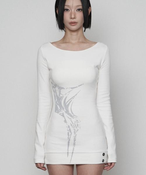 Bout neck Rib Button Side Print One-piece (WHITE)