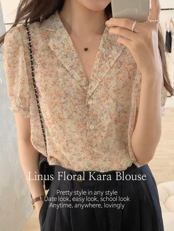 [여리핏✨] 리너스 플로럴 카라 블라우스 BL3166여름 반팔 플라워 나염 배색 프린팅 기본 베이직 루즈핏 이지룩 하객룩 데이트룩 쉬폰 공항룩 이지룩