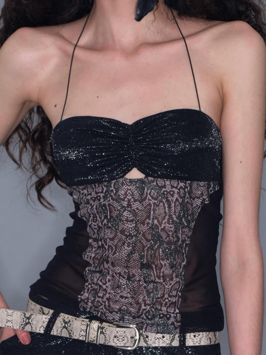 Colorblock Halter Neck Bustier Top