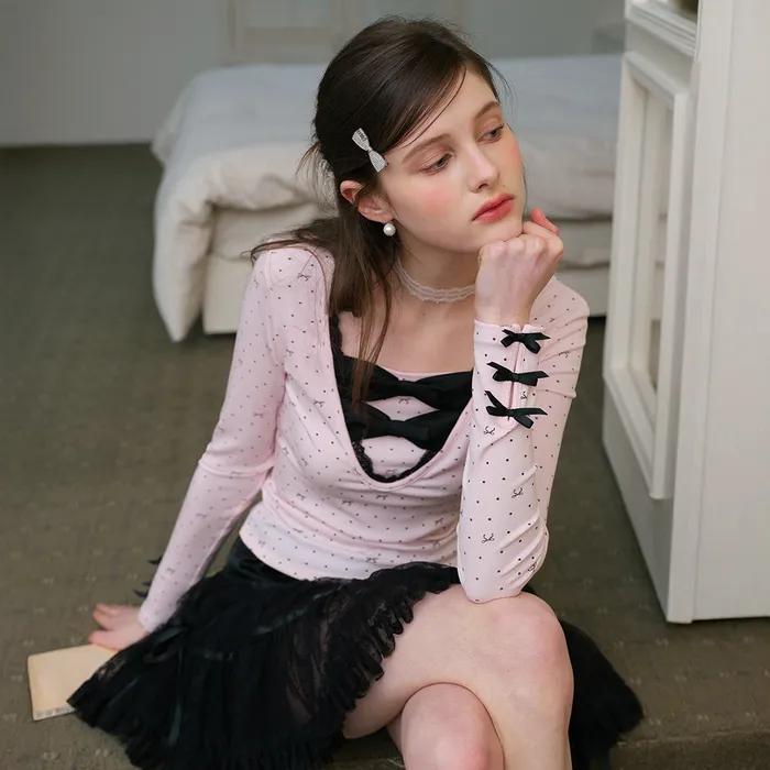 Cest_Ribbon dot long sleeve top