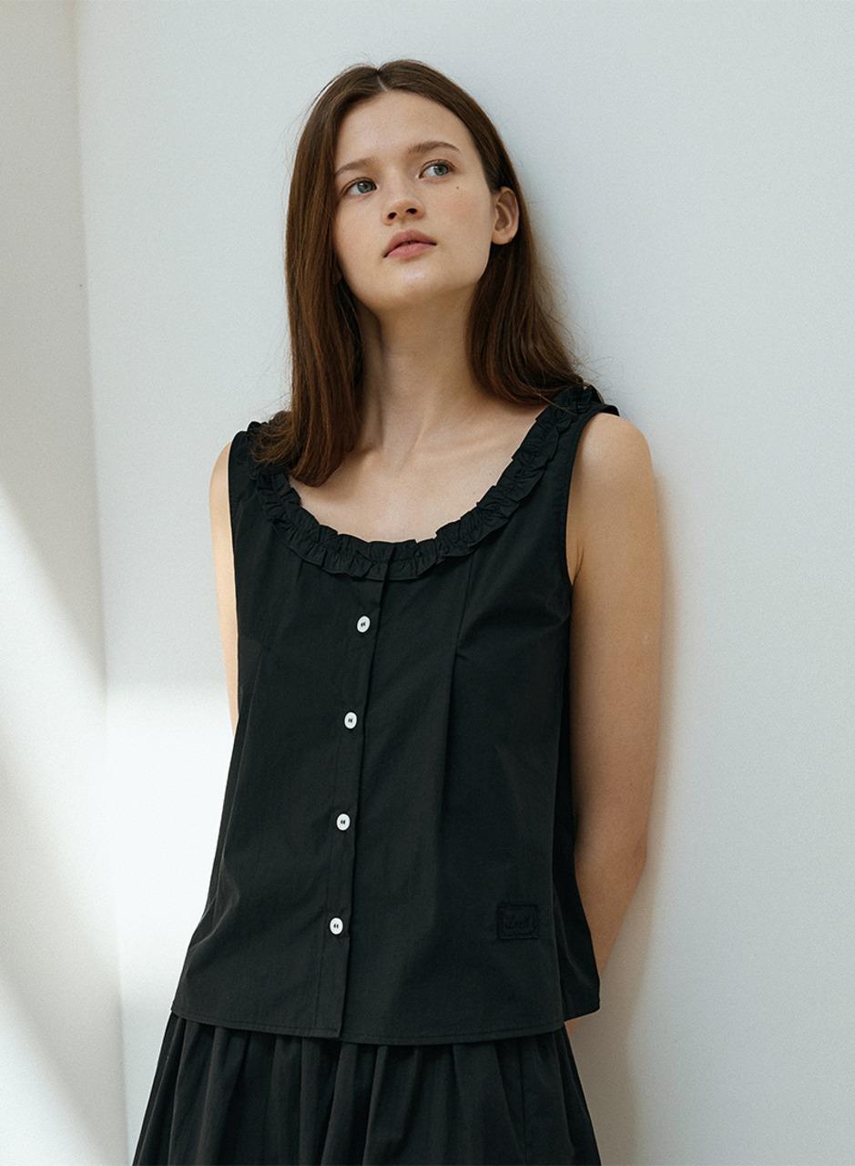 핀턱 프릴 슬리브리스 블라우스 - 블랙