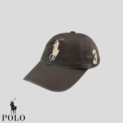 폴로랄프로렌 피그먼트 차콜 베이지 빅포니 레더스트랩 코튼 6패널 볼캡 모자 SIZE FREE
