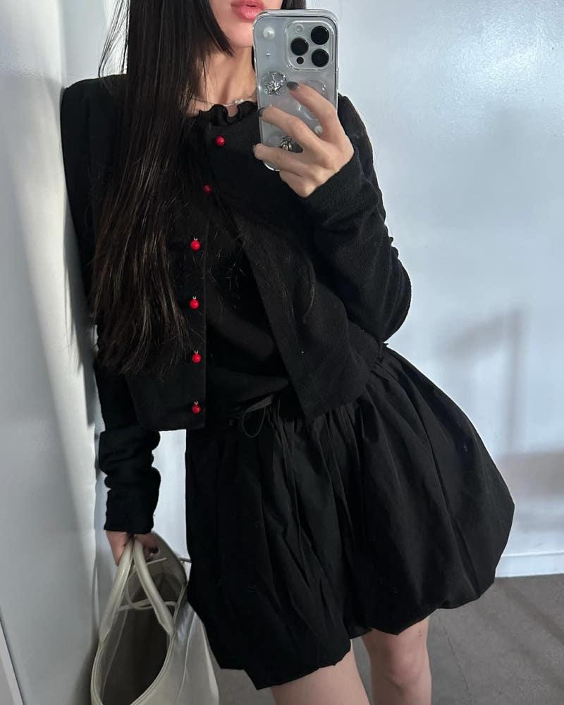 파이비 여성 봄 노카라 레이어드 이너 라운드 크롭 콩단추 코튼 면 가디건