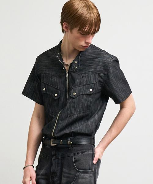 MAVERICK BIKER COLLAR ZIP-UP SHIRT / BLACK