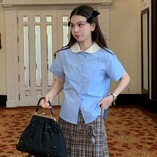 LRIB vintage tweed doll collar blue shoulder short-sleeve shirt