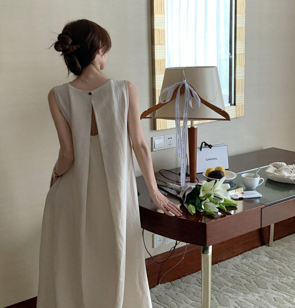 레인 여름 썸머 민소매 나시 뒷트임 린넨 마 단추 A라인 휴양지룩 맥시 롱 원피스