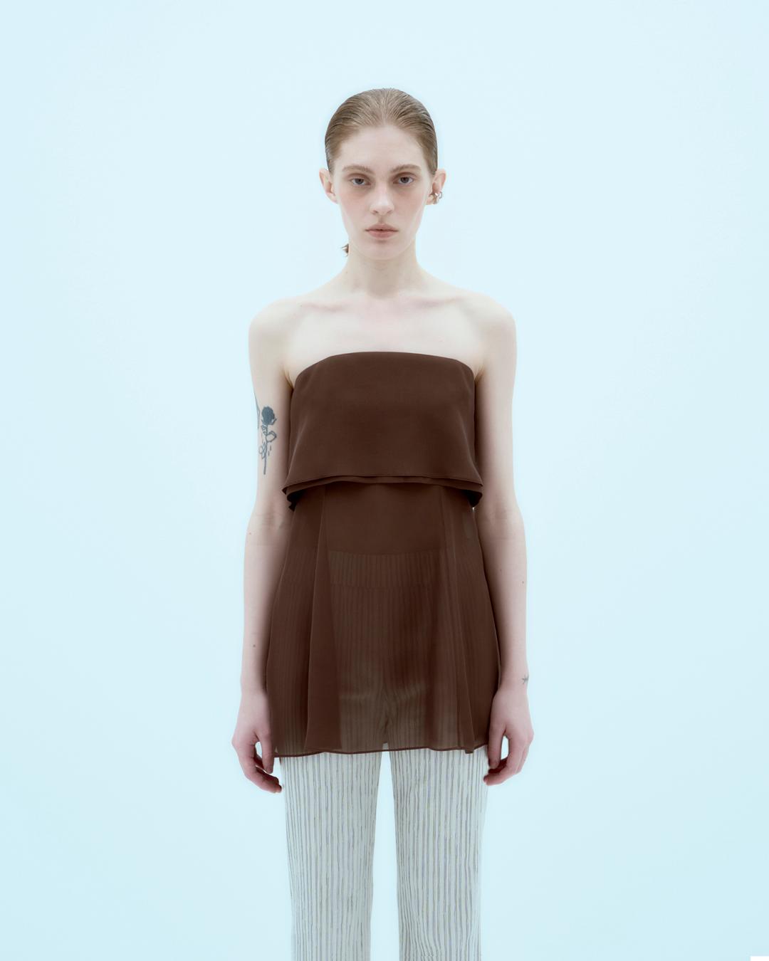 [5월 14일 예약 발송] NAHN layered silk dress top Pecan Brown