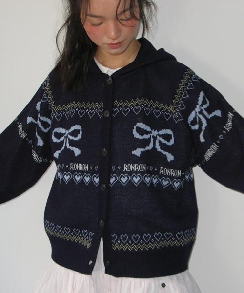 RIBBON HOODED PATTERN KNIT CARDIGAN NAVY