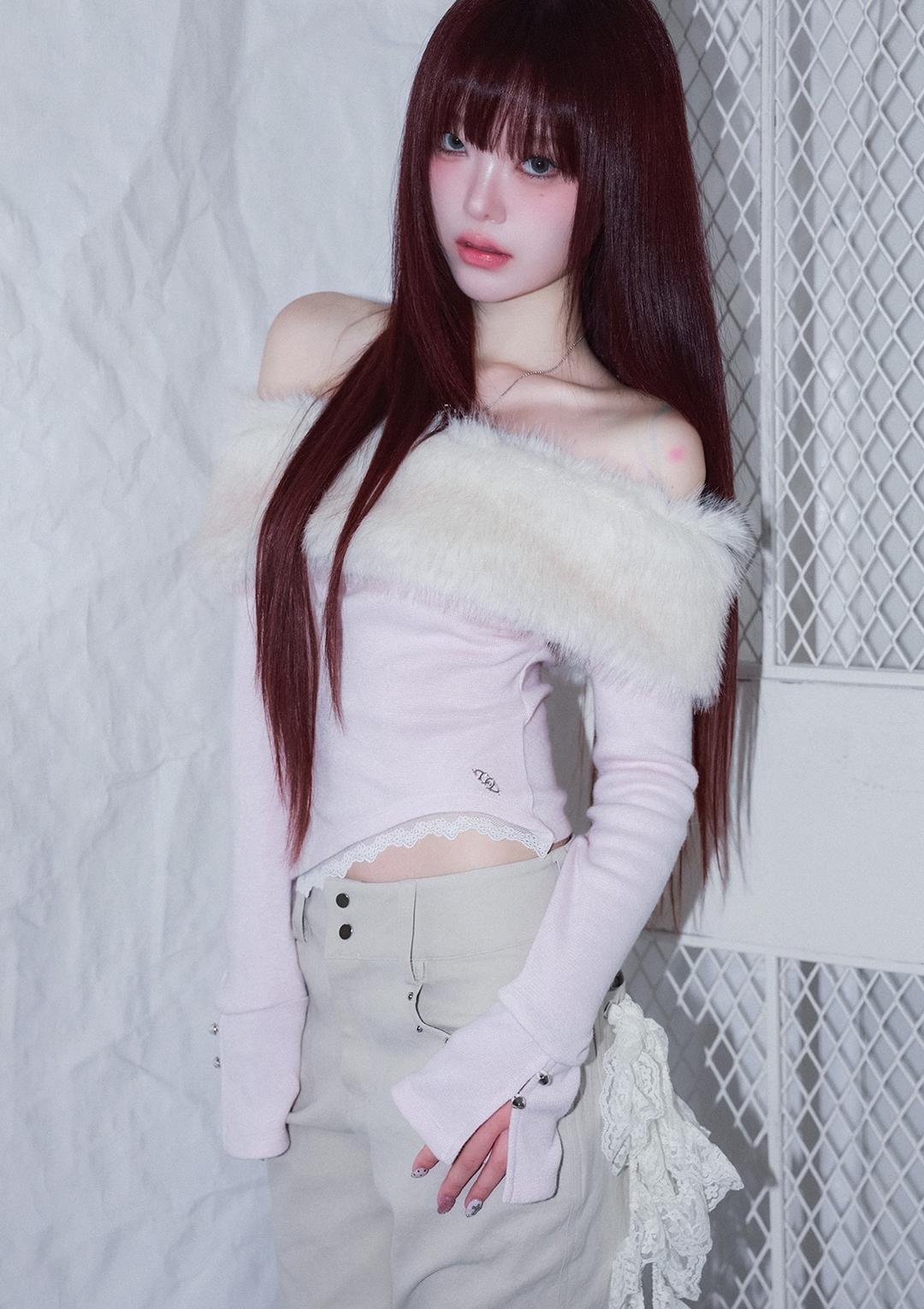 [1/6 (화) 순차발송] (2nd reorder) bunny fluff off shoulder top - pink