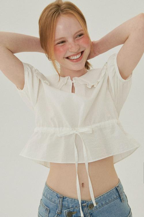 러플 카라 크롭 반팔 블라우스 [화이트]