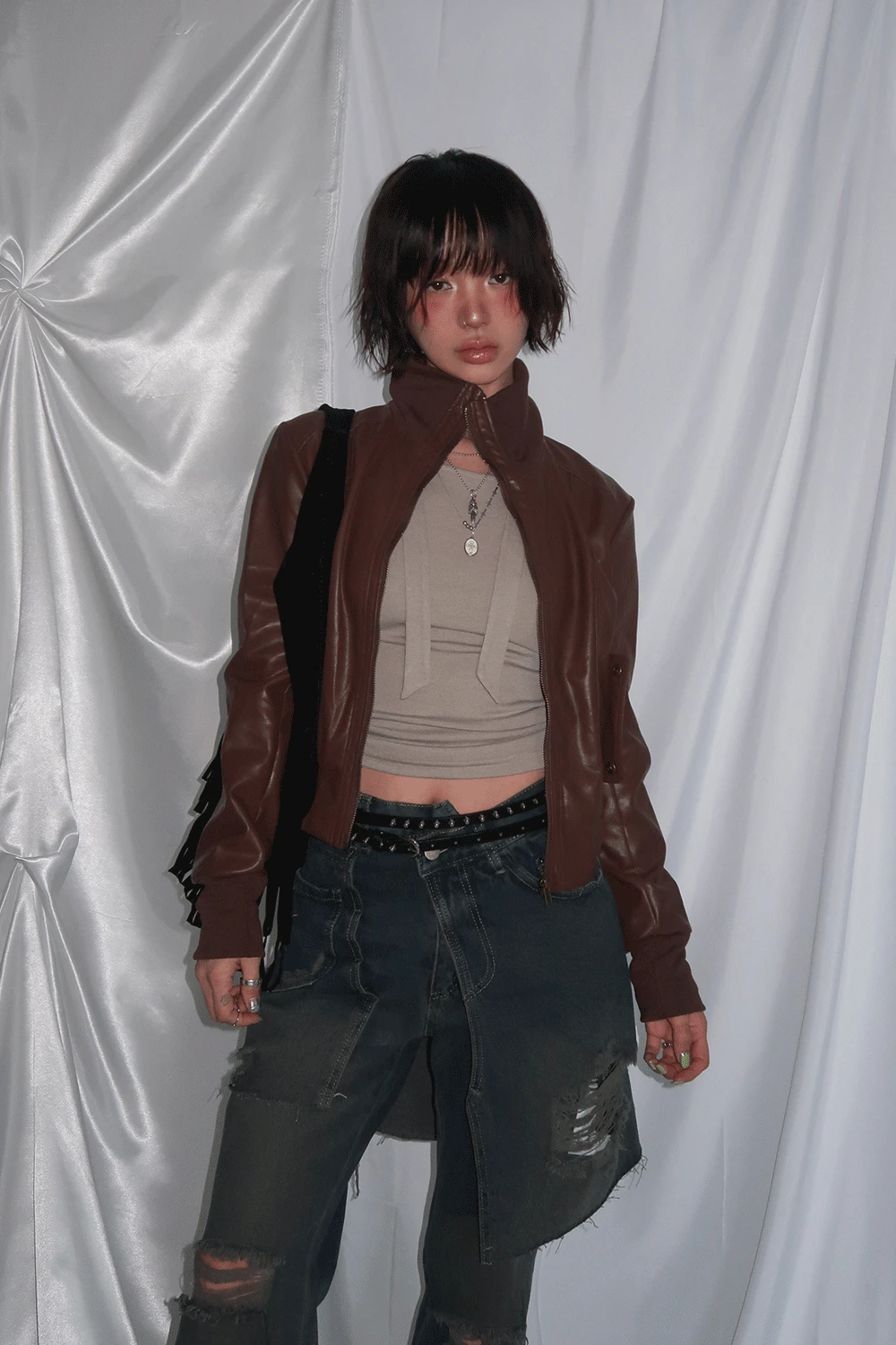 HIGH NECK BROWN LEATHER JACKET / 하이넥 브라운 레더 자켓
