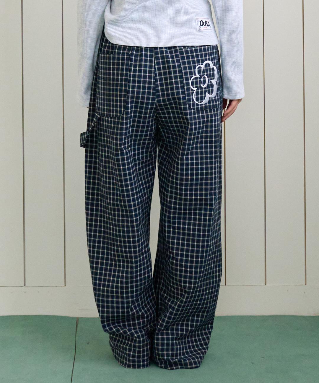 체크 플라워 와이드 팬츠 네이비