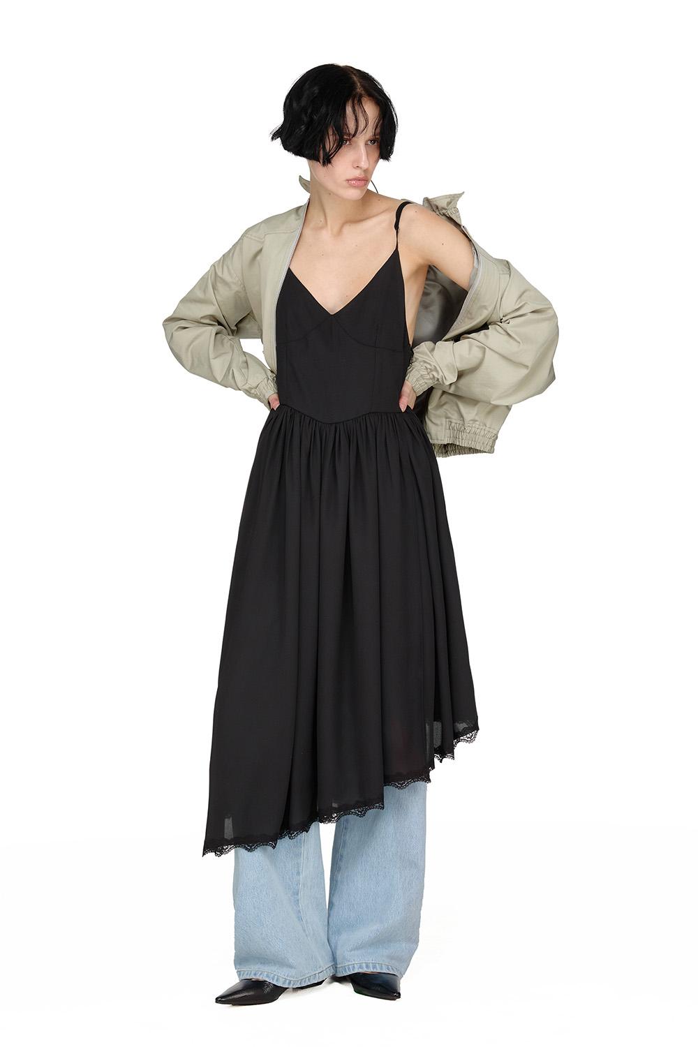 Lace Layered Shirring One-piece, BLACK