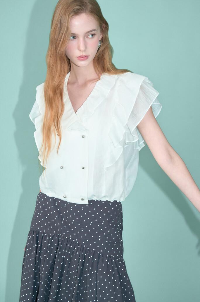 [O'2nd] 린넨 블렌드 러플 슬리브리스 블라우스