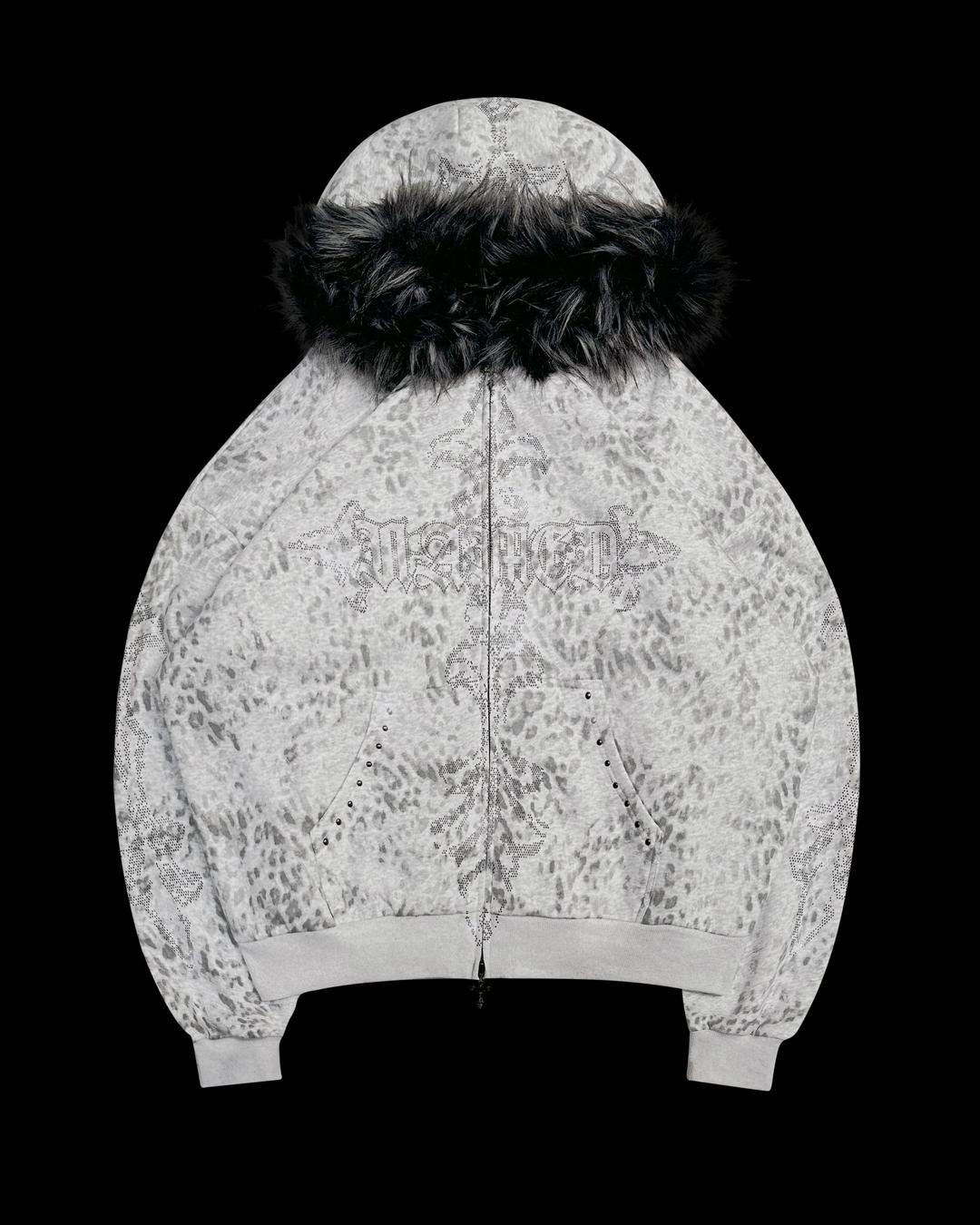 FERAL FAUX FUR STUDDED ZIP HOODIE SNOW LEOPARD - S/M