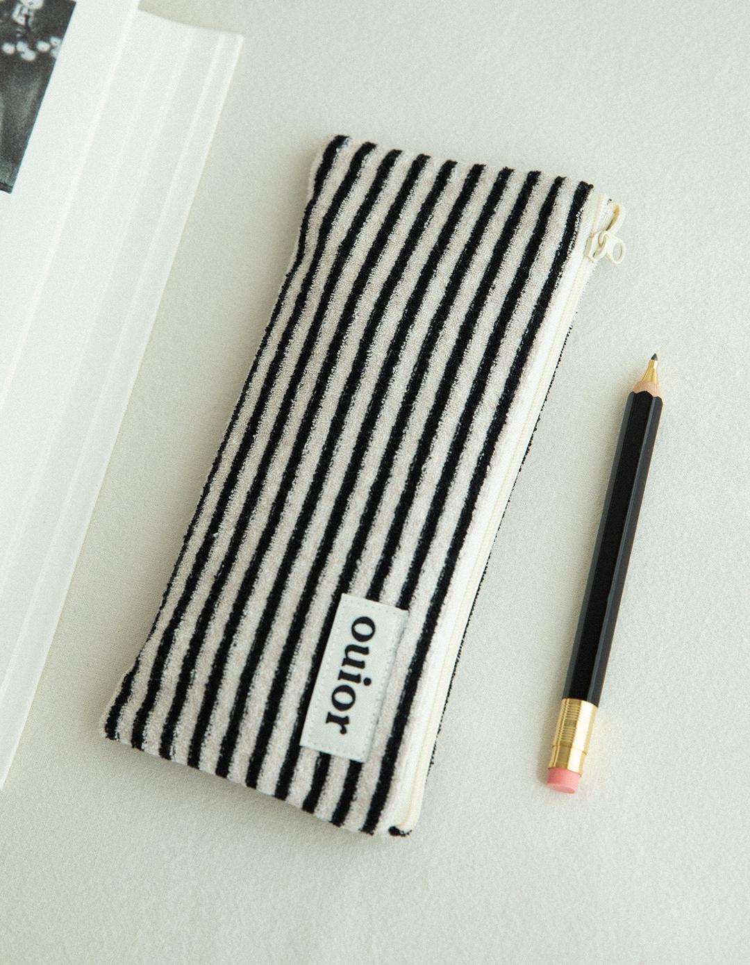ouior flat pencil case - terry stripe black (topside zipper)