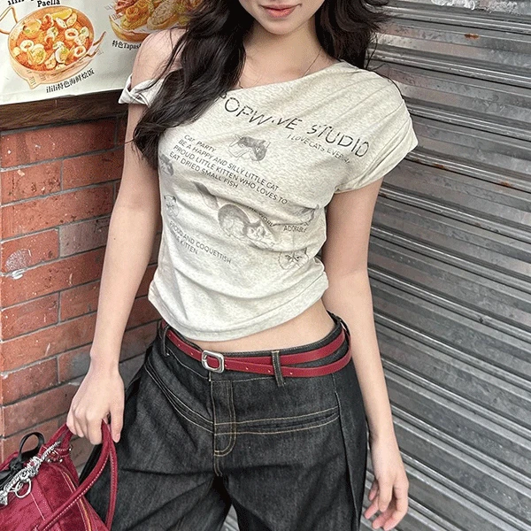 [오늘출발/페스티벌룩/늘씬핏] 쉐어 빈티지 프린팅 오프숄더 티셔츠
