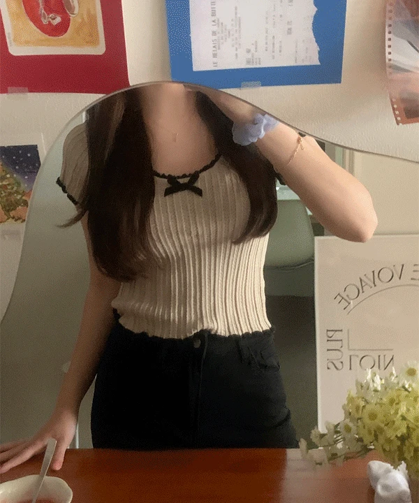 리본 배색 펀칭 반팔 니트 nt (4color)