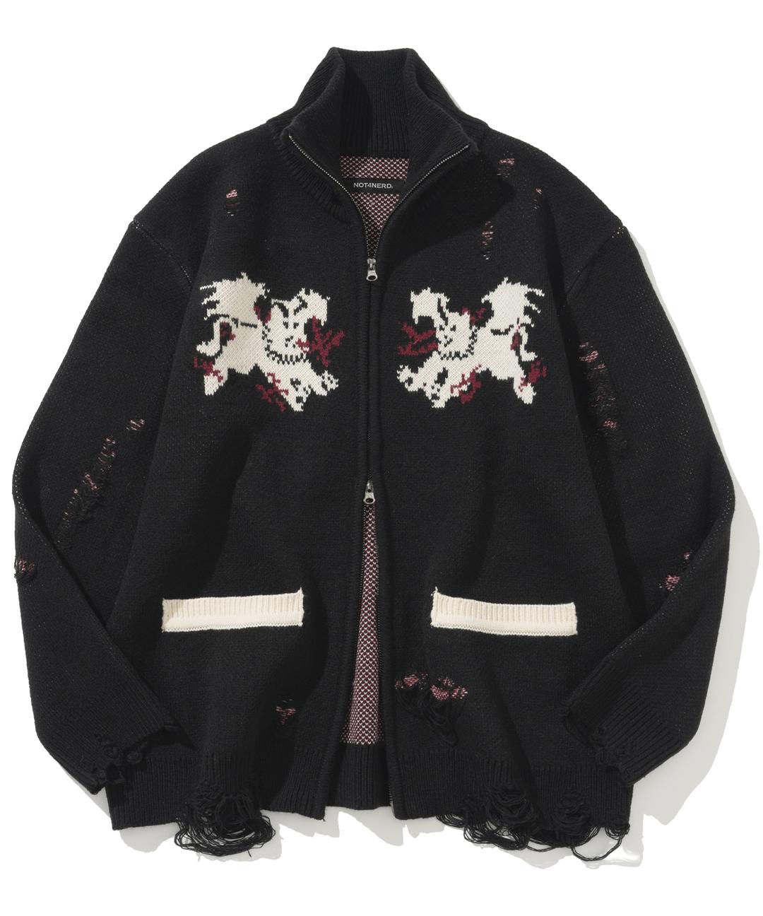Flying Horn Destoryed Knit Zip Up - Black