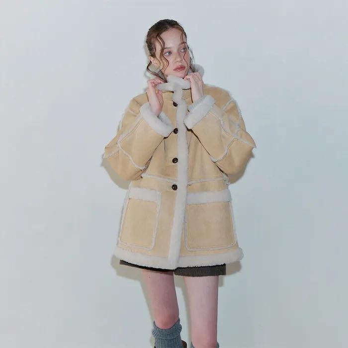 Suede Button Mustang Coat, Light Beige