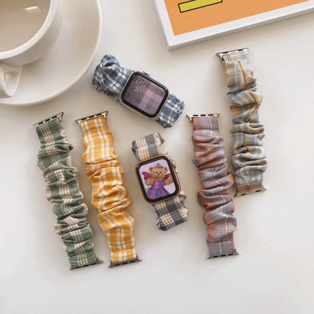 [당일출고!!/애플워치] 체크 곱창밴드 셔링 스크런치 애플워치 38mm 40mm 41mm 스트랩 6color