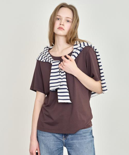 여성 U넥 오버핏 스판 반팔티셔츠 다크브라운 LATS0210