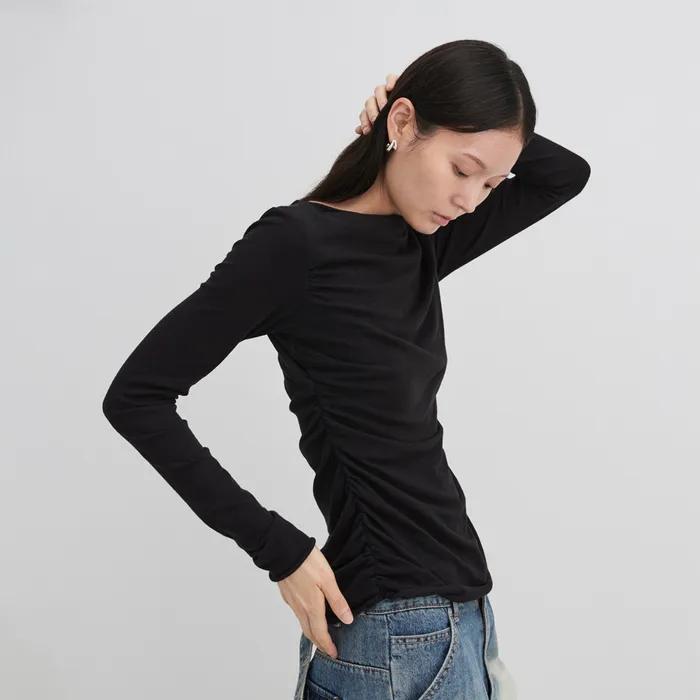 Draped Gather Long Sleeve Top - Black
