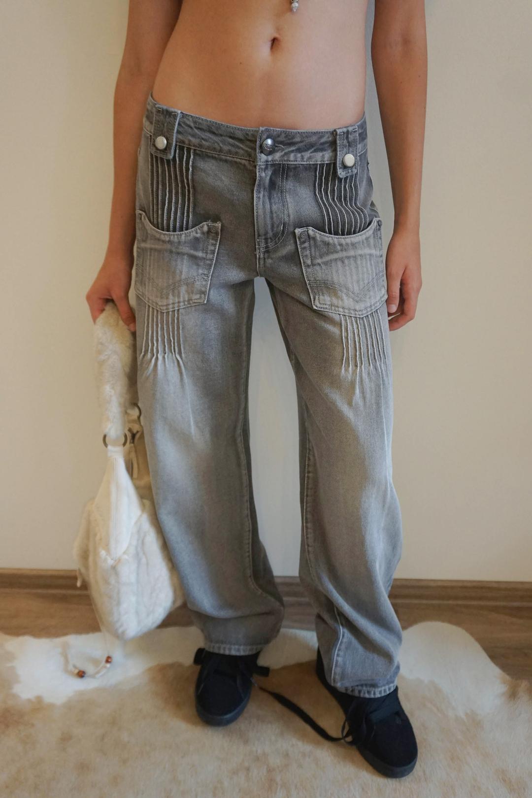 Pintuck Pocket Denim Pants Washed Gray
