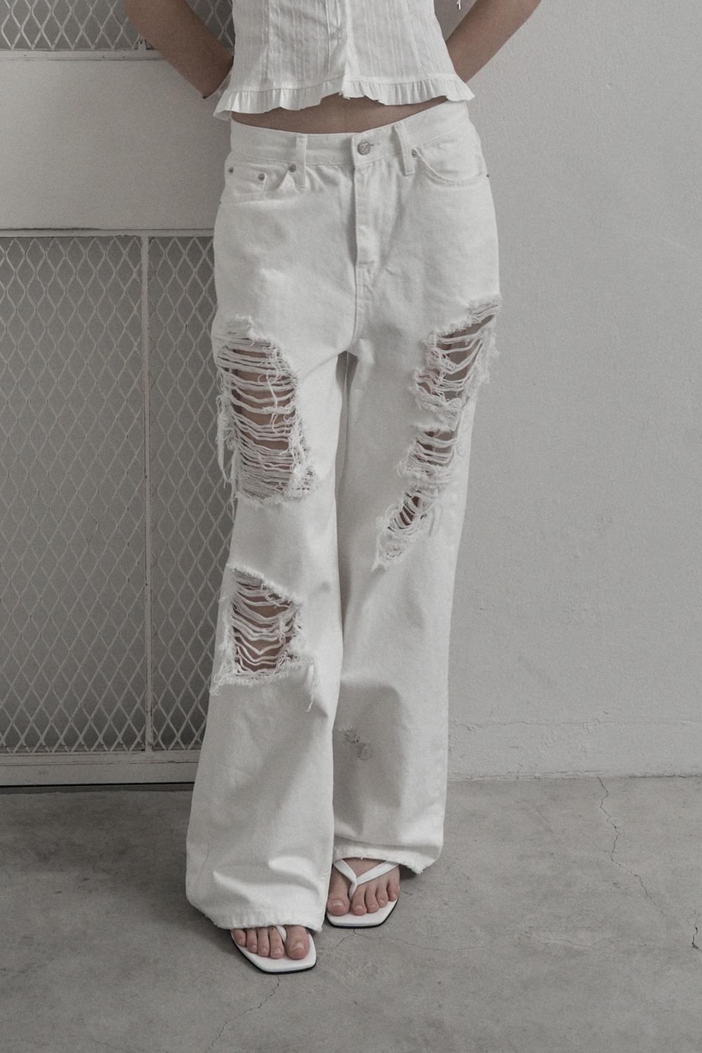 SCRATCH DAMAGE WIDE DENIM PANTS WHITE
