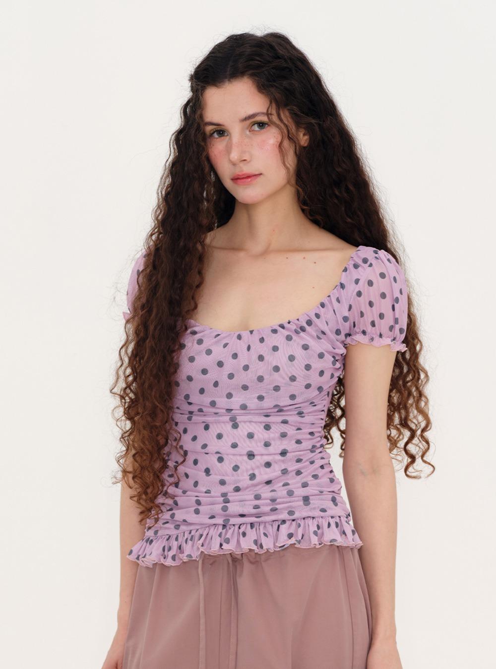 Mesh Puff Sleeve Ruffle Blouse (2color)