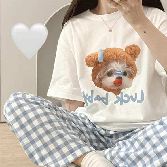 🤍[당일출고/자체제작]🤍 빅사이즈 여름 잠옷 세트 파자마 강아지 반팔 루즈핏 오버핏 체크바지 상하세트 잠옷바지 남녀공용 셔츠 바지 커플 커플티 커플룩