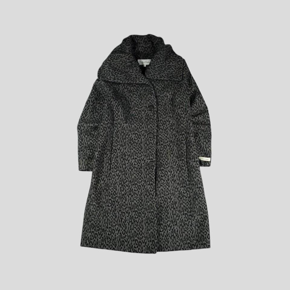 캘빈클라인 그레이 블랙 배색 레오파드패턴 페미닌 빅카라 아방가르드 울블렌드 롱코트 WOMANS L
