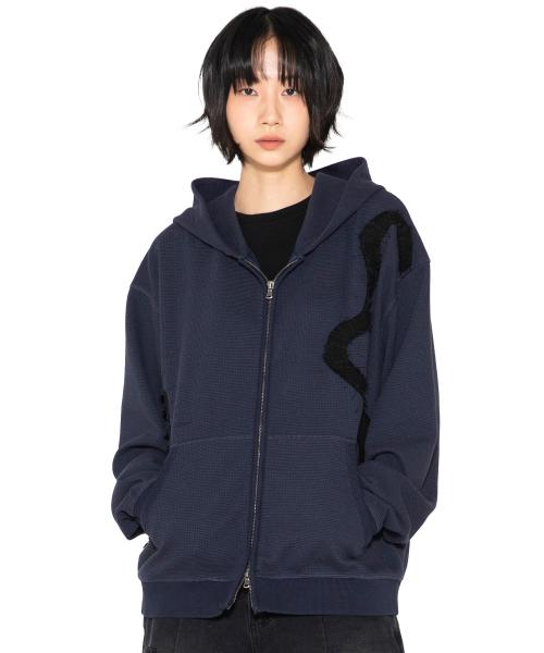 XTT151 플로우 아플리케 와플 후드 집업 (NAVY)