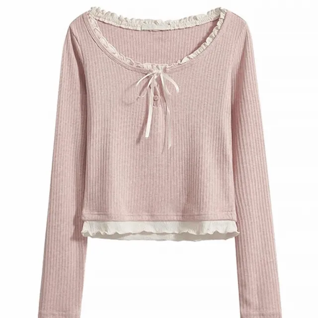 리본 레이스 레이어드 니트 티셔츠