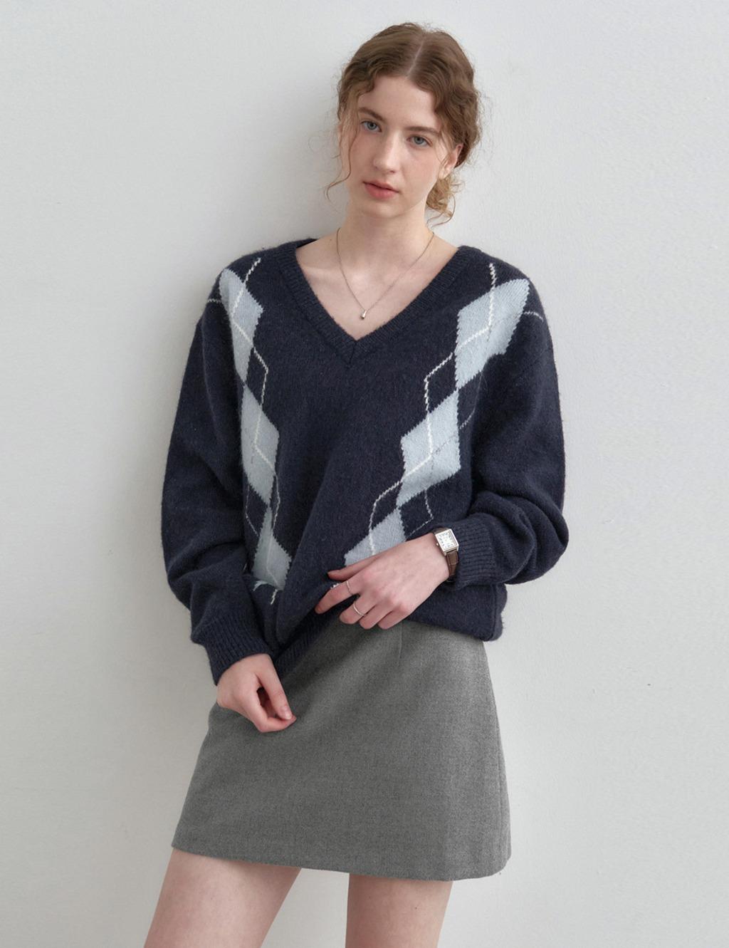 [12/15 예약배송] 아가일 브이넥 오버핏 울 니트 네이비 MDKT116NAVY