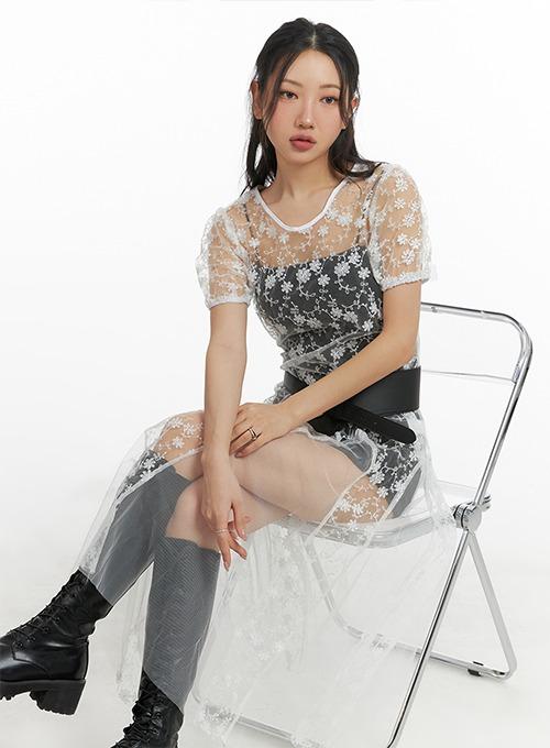 체키 시스루 플라워 롱원피스 CB1303