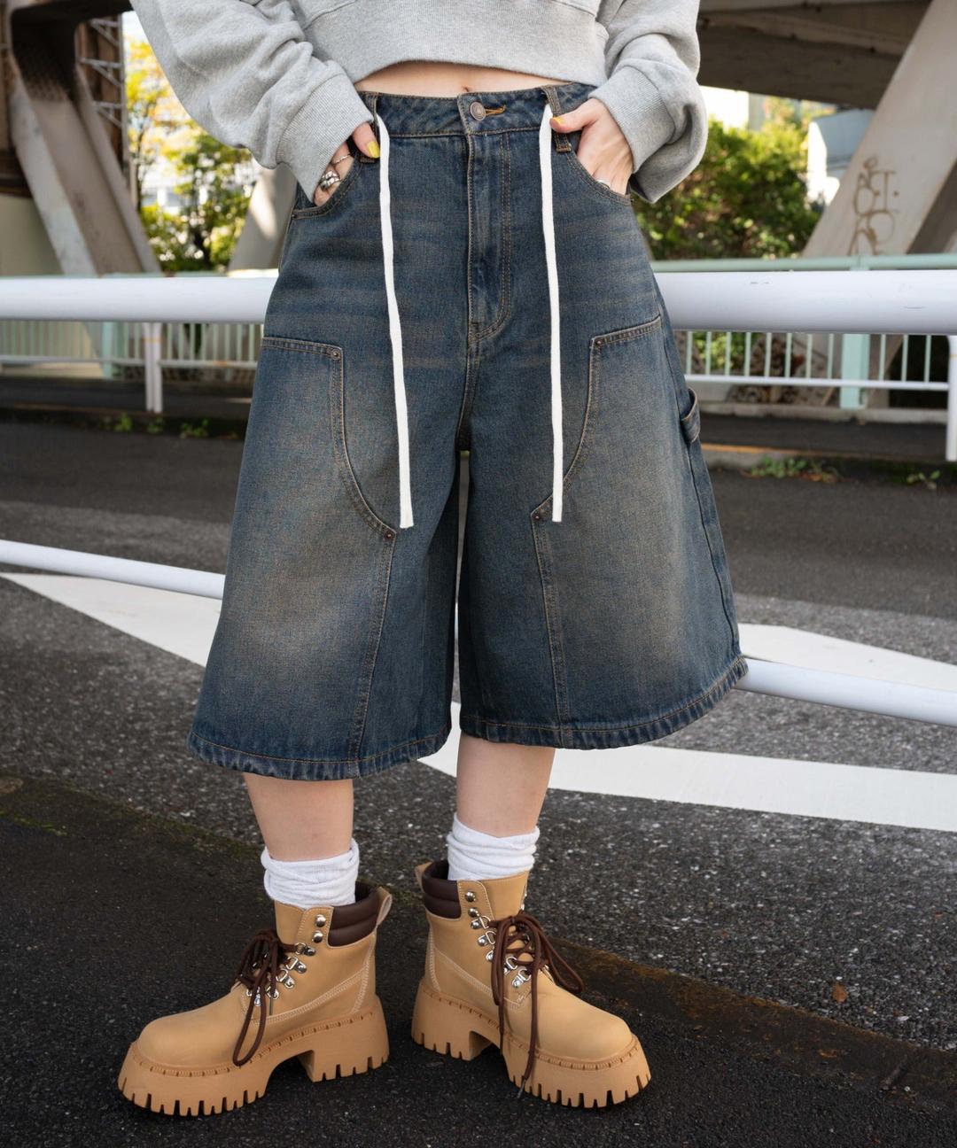 ウエストドロストダブルニーバギーハーフパンツ - インディゴ中濃オーバーダイ / S