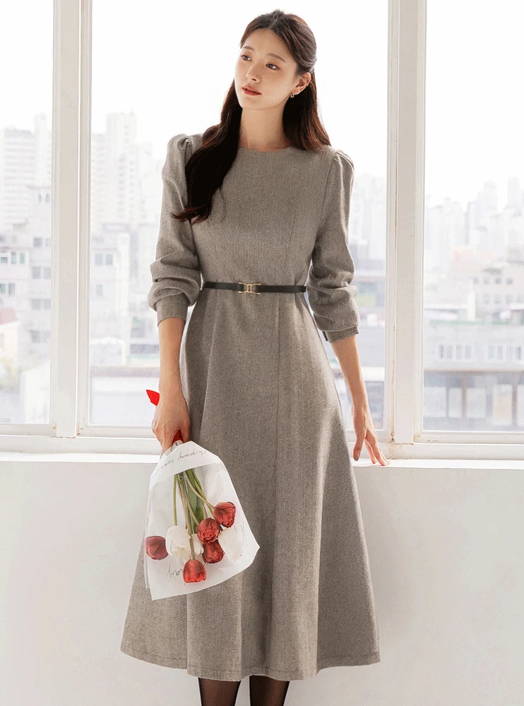 [페미닌/퍼프소매/하객룩추천]소제니 벨트 헤링본 플레어 원피스[단독특가]