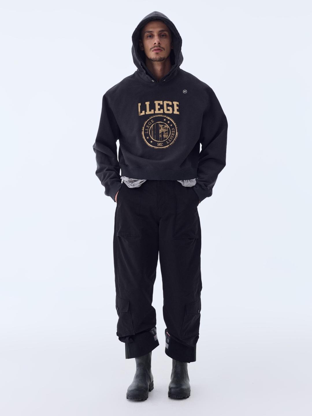 LLEGE LOGO DESTROYED HOODIE SWEATSHIRT (BLUISH CHARCOAL)