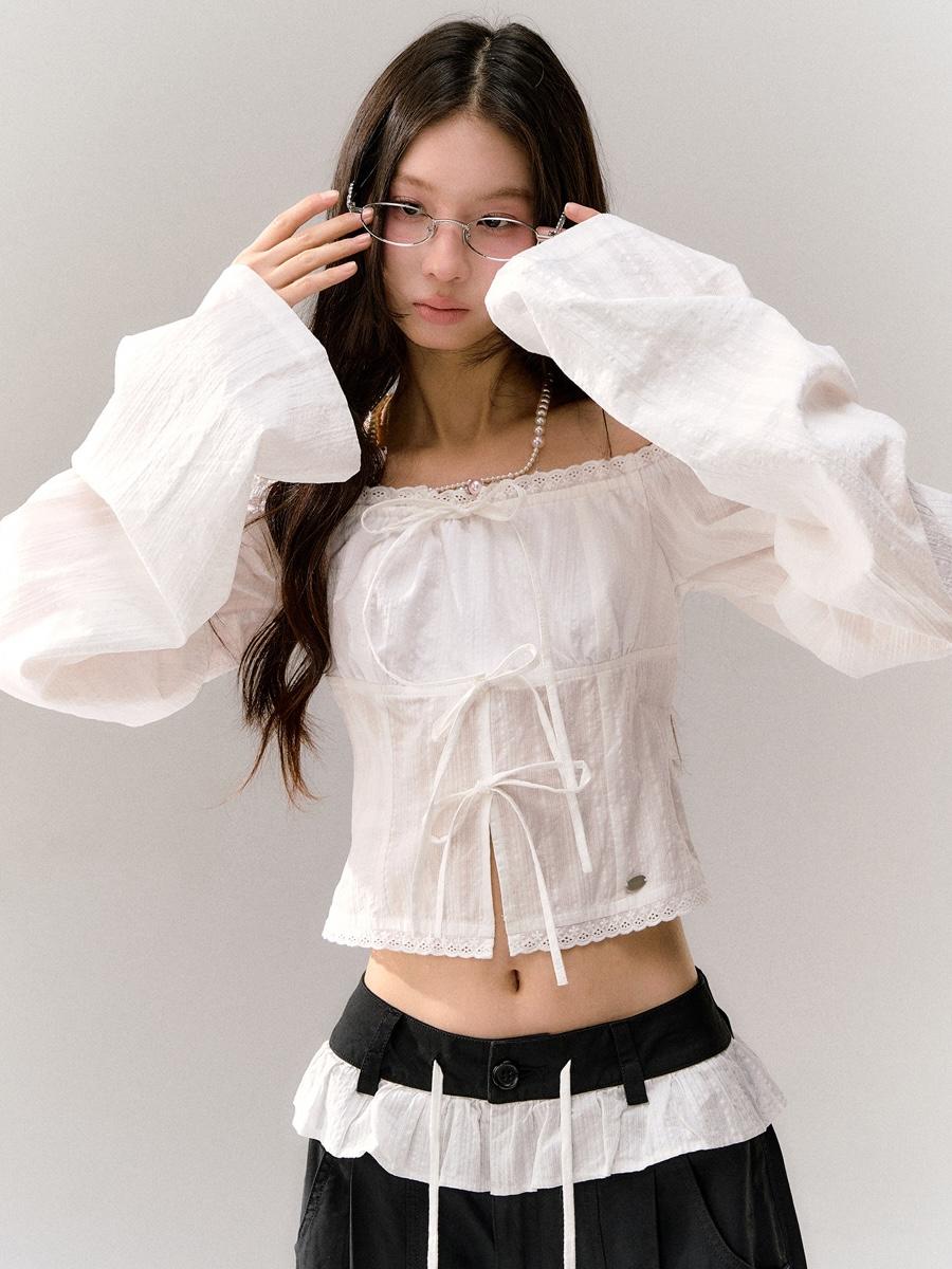 GUUKAHERO Lace Ribbon Corset Ruched Off-Shoulder Blouse