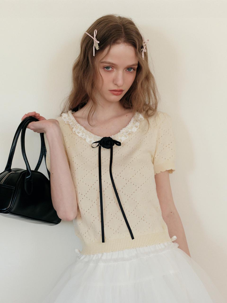 [주말특가]Cest_Crochet lace neck knit top