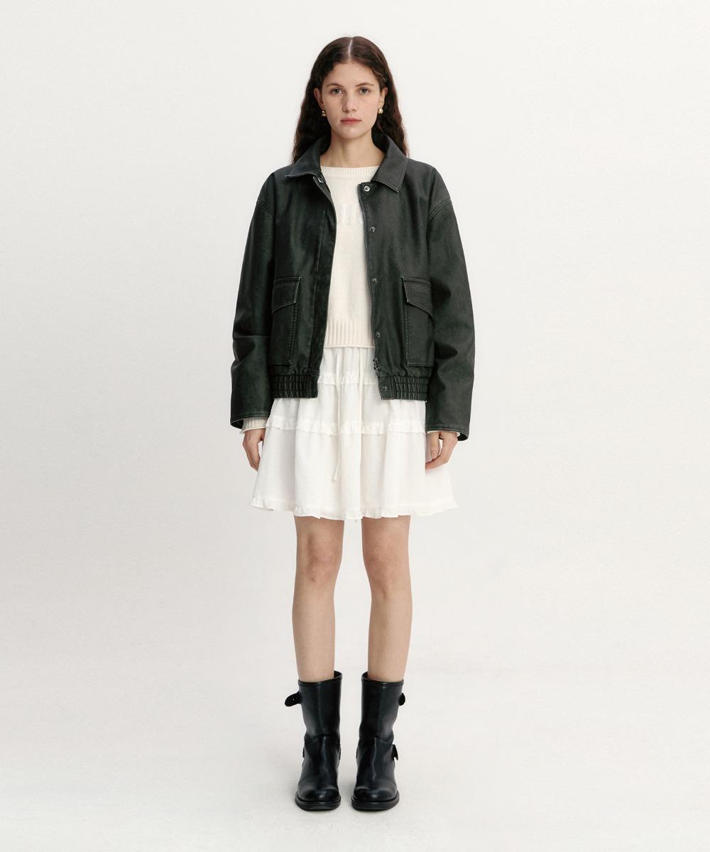 빈티지 워싱 레더 자켓 카키