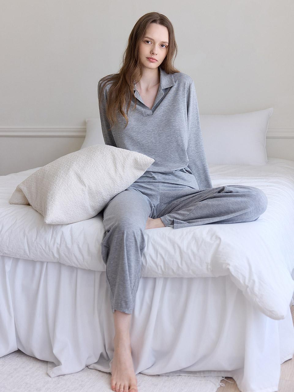 셔츠 파자마 세트 - 멜란지그레이