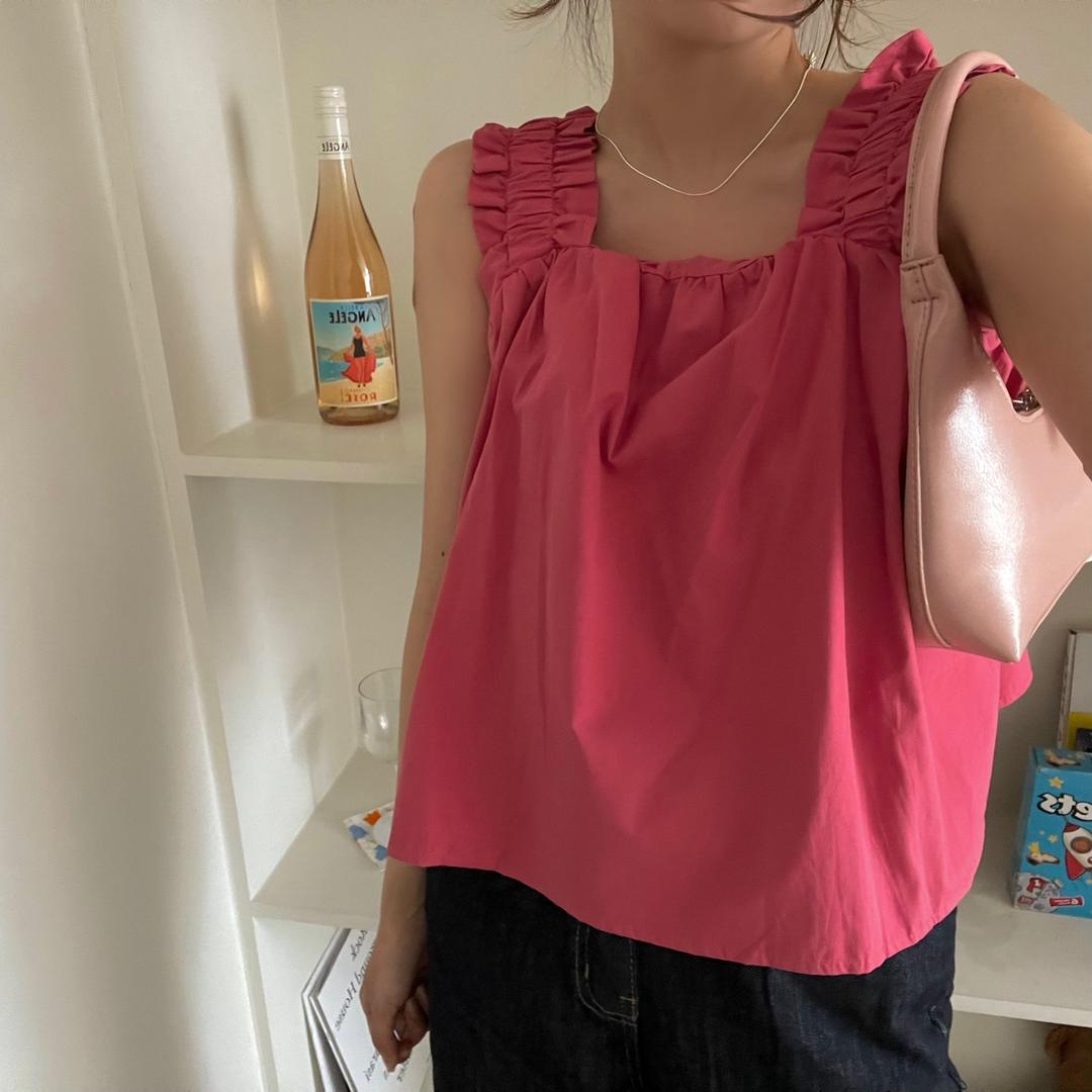 그리니스튜디오 자체제작,휴양지룩🍉) 7컬러 하이츄 프릴밴딩 기분좋은 바스락 루즈핏 크롭 프릴 밴딩 나시 블라우스