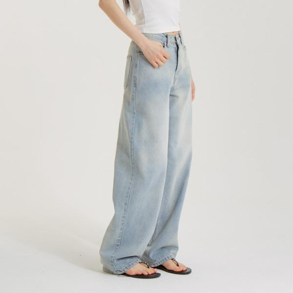 [언노운플라넷] 크라우드 워싱 와이드 데님 팬츠 연청