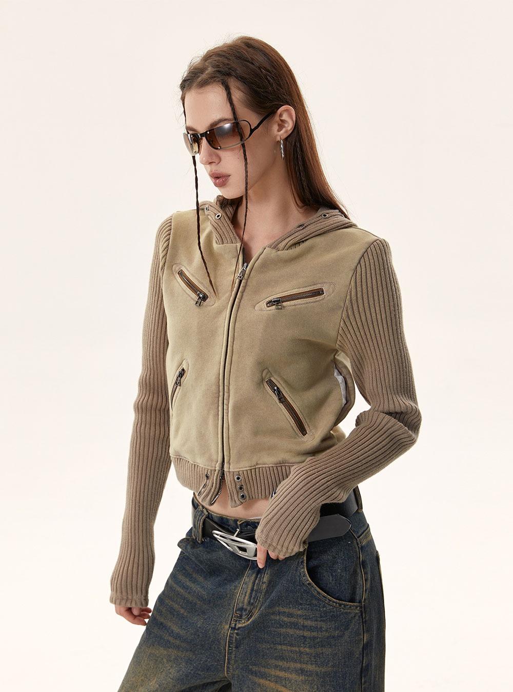 [JIKOO] Hooded splicing ribbed jacket